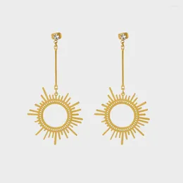 Stud Earrings Stylish 16k Gold Plated Stainless Steel Sun Dangle Texture Waterproof Drop For Women Girls Gift