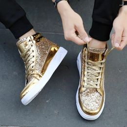 Casual Shoes Fashion Golden Shiny Mirrors Mens Club Bar Glitter Streetwear Hip Hop High Top Men Sneakers Zapatos De Hombre