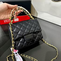 24P Womens Designer Pearls Chain Cross Body Shoulder Bags Classic Mini Flap Square Quilted GHW Handbag Black White Pink Card Holder Large Capacity Daily Purse 17CM
