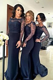 2024 Navy Blue Bridesmaids Dresses Long Sheer Bateau Neck Mermaid Lace Wedding Guest Dress With Long Sleeves Country Maid Of Honour Gowns