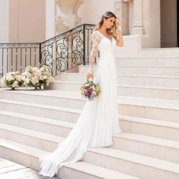 Bohemian Chiffon A Line Wedding Dresses Long Train Bridal Gowns Appliques Lace Sleeve White V Neck Boho Beach Bride Dress Vestidos De Novia Robes Mariage