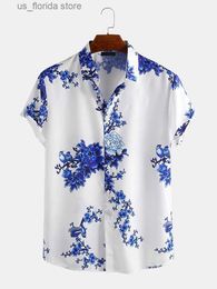 Men's T-Shirts European and American mens printed shirts Southeast Asian casual ink painting plum blossom short Sved lapel shirt S-3XL Y240314