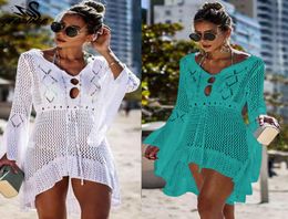 2019 New Summer Dress Crochet White Knitted Beach Cover Up Dress Tunic Long Pareos Bikinis Cover ups Swim Cover up Robe Plage Beac9303048