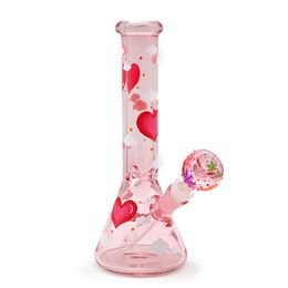 1pc,10in,Handdrawn Cartoon Love & Cloud Pattern Cigarette Set, Borosilicate Pink Glass Water Pipe,Glass Bong,Glow In Dark,Handmade Handicraft,Smoking Accessaries