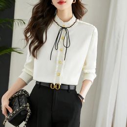 Women's Blouses White Woven Splicing Chain Shirt For Women High Quality Autumn Vintage Button Bow Lace-Up Collar Satin Luxury Q668
