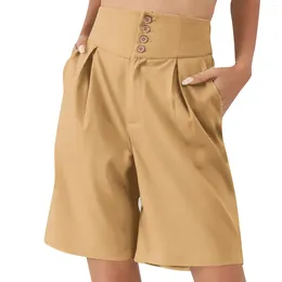 Women's Shorts Khaki Summer Suit Woman High Waist Wide Leg Women Casual Half Trousers Loose Buttons Elegant Knee Length Pants