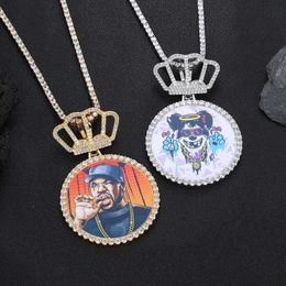 Hip Hop Crown Large Round Personalised Photo Pendant DIY Creative Picture Frame Zircon Men's Necklace