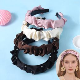 Hair Accessories Simple Satin Pearl Wide Black Pleated Hoop Headband For Women Shiny Rhinestone Hairbands Headwear