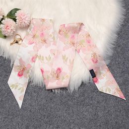 Scarves 100% Mulberry Silk Twill Pink Scarf For Handbag Purse-Small Fashion Ribbon Neckerchief Women Hair Floral Print221y