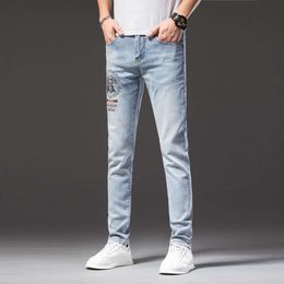 Summer Thin Light Blue Embroidered Hot Diamond Jeans, Men's European Trendy Brand Slim Fit Small Straight Leg Pants