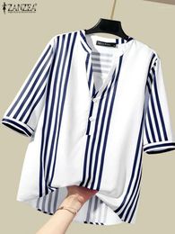 Women's Blouses ZANZEA Woman Fashion Stripe Printed Blouse Female V Neck 3/4 Sleeve Tops Casual Office Blusas Summer Elegant OL Work Shirt