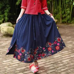 Skirts 2024 Female Skirt Blue Oriental Print Floral Dress Drawstring A-Line Cotton Linen Retro Loose Pleated Long TA1213