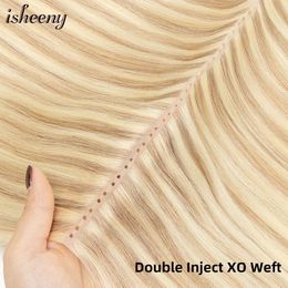 Double Inject XO Hole Weft Human Hair Extensions 16-24 Invisible Twin Tab Weft Hair Natural Straight Pull Through Micro Hair 240312