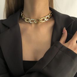 Vintage Fashion Thick Chain 14K Gold Necklace for Women Geometric Single-Layer Clavicle Choker Necklace Hip Hop Party Punk Jewelry Collar