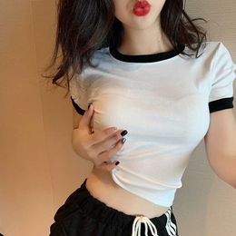 Naked Top 2023 Summer New Contrast Colour Slim Fit Short Style Design Feeling Careful Machine Short Sleeve T-shirt Womens Trend