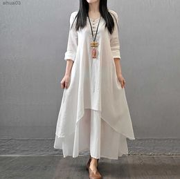 Basic Casual Dresses Autumn Women Boho Vintage Dress Literary Large Swing Elegant Dresses Linen Layering Long Sleeve Casual Fake Two-Piece VestidosL2403