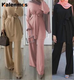 Ramadan Eid Muslim Dress Women 2pecs Set Blouse Wide Leg Pants Dubai Abaya Laceup Solid Ropa Kaftan UAE Islamic Turkey African Y26297789