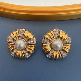 Stud Earrings Vintage Geometric Round French Pearl Set Diamond Gold And Silver Ghost Flower Design