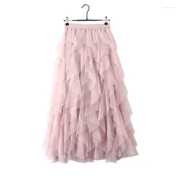 Skirts VOLALO Tutu Tulle Long Maxi Skirt Women Fashion 2024 Korean Cute Pink High Waist Pleated Mesh Female Lady Aesthetic Faldas