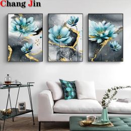 Stitch Triptych Diy Diamond Mosaic Abstract Blue Flowers Golden Cross Stitch Full Square Diamond Painting Embroidery Home Decor Gifts