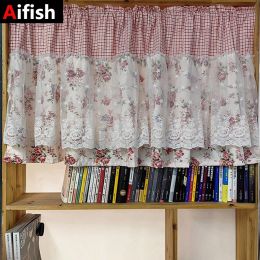 Curtains Pink Flower Lace Short Curtain for Kitchen Small Window Rod Pocket Top Half Curtain American Pastoral Print Room Door Drapes