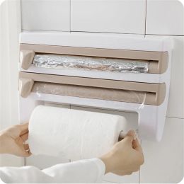 Racks Kitchen Multifunction Plastic Belt Cutter Wrap Storage Shelf Wrap Film Cutter Triple Roll Paper Dispenser Tin Film Towel Rack