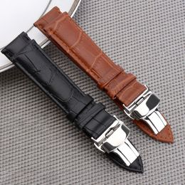 fashion slub embossed Watch Band Strap Push Button Hidden Clasp Double press butterfly buckle Leather black Brown Steel 12mm-24mm2751