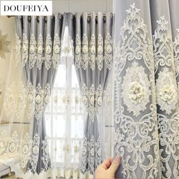 Curtains European Embroider Tulle Double Layer Luxury Curtains for Living Room Bedroom Embossed Design Blackout Villa Window Sheer Custom