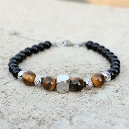 Strand 8mm Tiger Eye Beads Bracelets Men Women Cube Charm Stainless Steel Chain Natural Stone Bracelet Male Jewelry Gift