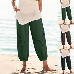 Women's Pants Fashion Summer Harem Solid Colour Elastic Waist With Pockets Women Casual Loose Cropped Cotton Linen Trousers