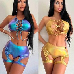 Women's Tracksuits Shiny Metallic Sexy Lace Up Strap Crop Top And Shorts Two Piece Set Hollow Out Street Outfits