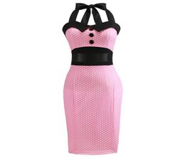 Retro Pink Polka Dot Audrey Hepburn Robe Vintage Halter Dress Plus Size 3XL 2020 50s 60s Gothic Pin Up Rockabilly Bodycon Dress2926089