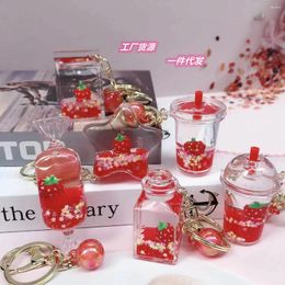 Keychains Strawberry Quicksand Liquid Keychain Fruit Oil Floating Wishing Bottle Pendant