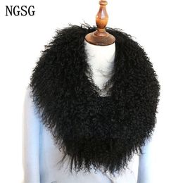 NGSG Women Real Fur Collar Solid Black Natural Genuine Mongolian Sheep Wool Scarf Coat Winter Customise Multicolors Y201007266I