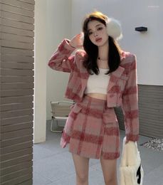 Work Dresses Korean Style Sweet Girl Suit Retro Cotton Wool Jacket High Waist Skirt Women's Autumn And Winter Two-piece Set Female Clothes