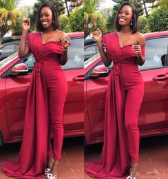 Wine Red Elegant One shoulder Prom Dresses Women Jumpsuits Lace Appliques Pants Suits Overall Satin Formal Evening Gowns Cheap Par5313833