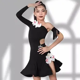 Stage Wear Girls Latin Dance Performance Costume Slant Shoulder Flower Dress Long Sleeves Suit Rumba Ballroom Practice BL11615