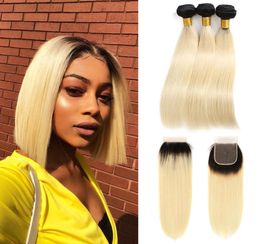 1B613 Ombre Blonde Brazilian Straight Remy Human Hair 3 Bundles with 4x4 Lace Closure Platinum Blonde Ombre Bundles and Closure3432981