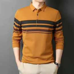 Cotton Men Fashion Striped Polo Shirts Spring Autumn Loose Clothing Lapel Pullover Tee Business Casual Long Sleeve Tops 240309