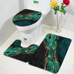 Mats Emerald Green Marble Bath Mat Set Gold Line Black Textured Pattern Modern Geometric Bathroom Decor Nonslip Rug Toilet Lid Cover
