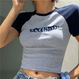 Women's T Shirts Letter Print T-Shirt Women Short Sleeve Cute Patchwork Tops Fashion Retro Contrast Color Crop Top Girl Kpop Skinny Y2k Tees