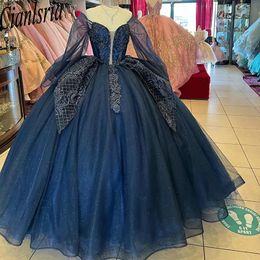 Navy Blue Long Sleeve Ruffles Quinceanera Dresses Ball Gown Beading Crystal Appliques Lace Princess Sweet 15 Birthday