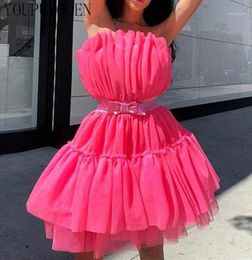 Sweet Tulle Mini Party Dress Summer Sexy Tube Short Backless Bow Tutu Night Club Mesh Dresses Women Cute Strapless Clubwear 202012333090