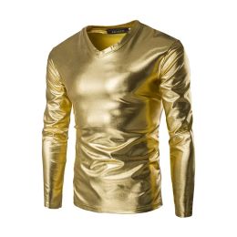 QNPQYX Leather T-Shirts Long Sleeve Top Performance Nightclub Clothing Men's Large Round Neck T-shirt Men's Spring Wear