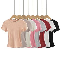 Spicy Girl Solid Round Neck Tight High Waist Open Navel Short Sleeve T-shirt for Women 2023 Summer New Basic Womens Top Trend