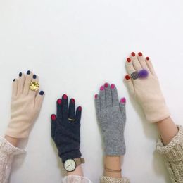 Five Fingers Gloves Japanese Women Funny Nail Pattern Embroidery Winter Warm Thicken Faux Wool Cycling Driving Solid Color Mittens2692