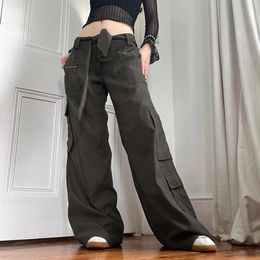 Women's Pants Solid Color Belt Low Waist Y2K Casual Baggy Trousers Women Zip Pockets Stitch Streetwear Wide Leg Cargo Vintage 90s