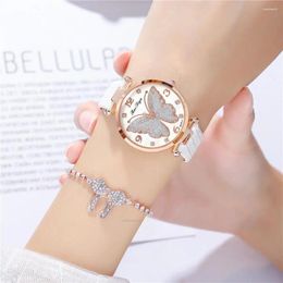 Wristwatches Women's Quartz Watch Fashion Butterfly Pink Diamond Ultra Thin Watches White Leather Gift Montre Femme Luxe