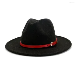 Berets Men Women Wool Red Belt Wide Brim Felt Jazz Fedora Hats British Style Trilby Party Formal Panama Cap Dress Hat Wholesale