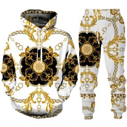 High End Luxury Golden Pattern Mens Hoodie/Pants/Set Fashion 3D Print Couple Sportswear Casual Hipster Personality Clothing Suit